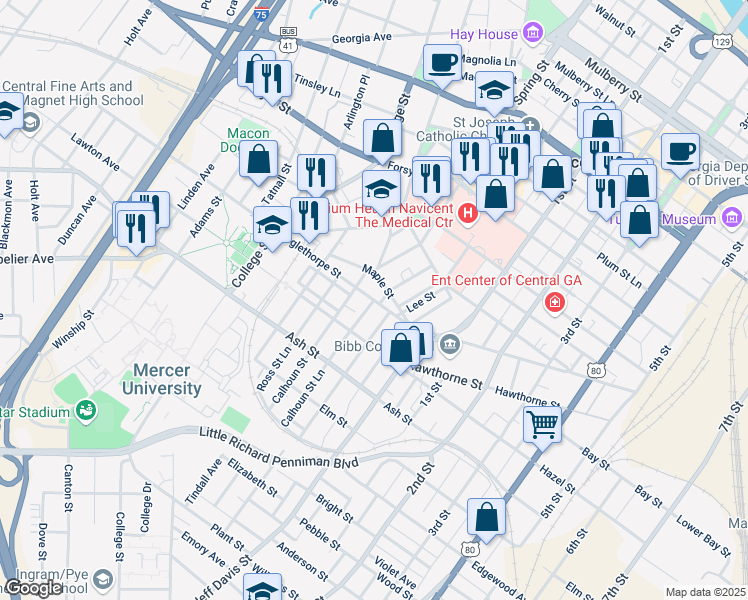map of restaurants, bars, coffee shops, grocery stores, and more near Oglethorpe Street in Macon