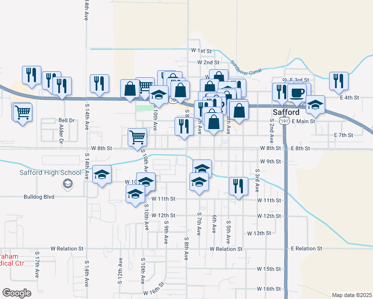 map of restaurants, bars, coffee shops, grocery stores, and more near 808 South 8th Avenue in Safford