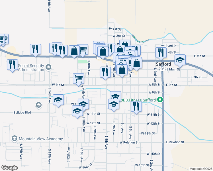 map of restaurants, bars, coffee shops, grocery stores, and more near 808 South 8th Avenue in Safford