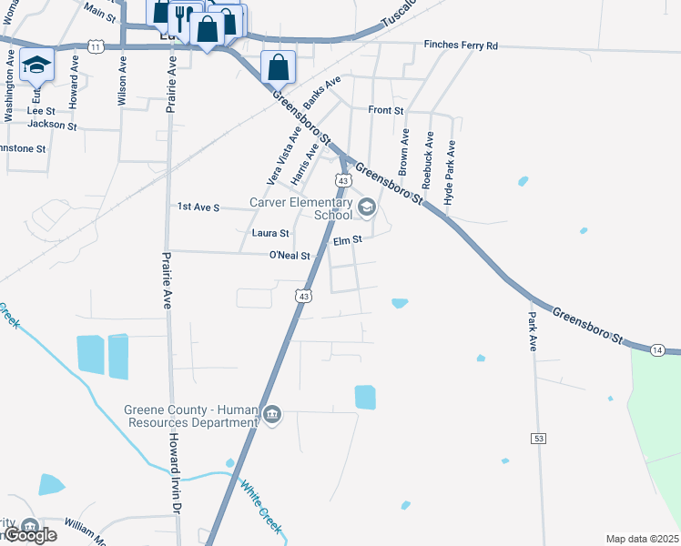 map of restaurants, bars, coffee shops, grocery stores, and more near Pine Street in Eutaw