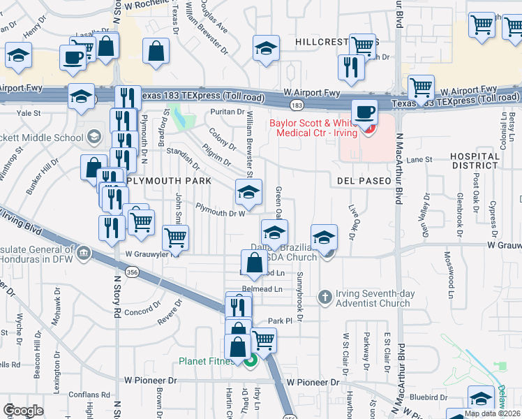 map of restaurants, bars, coffee shops, grocery stores, and more near 1613 Oak Meadow Drive in Irving