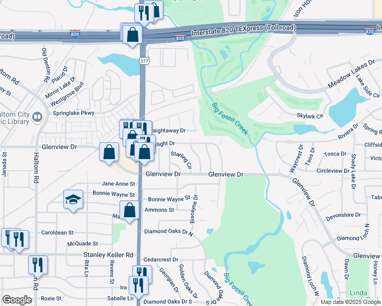 map of restaurants, bars, coffee shops, grocery stores, and more near 5801 Starlight Drive in Fort Worth