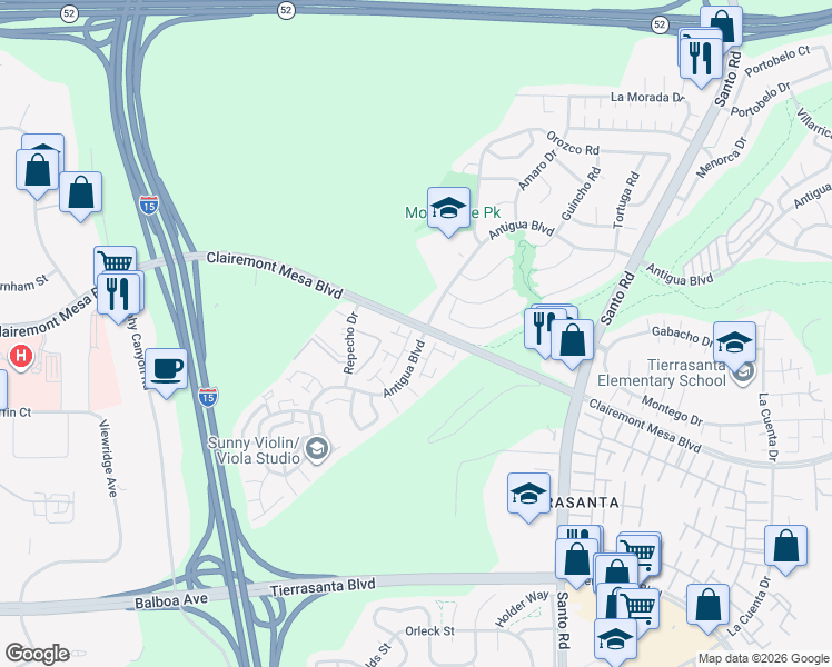 map of restaurants, bars, coffee shops, grocery stores, and more near 5497 Escarchosa Lane in San Diego