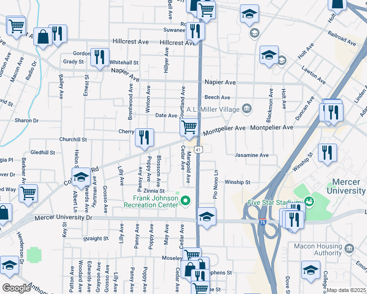 map of restaurants, bars, coffee shops, grocery stores, and more near 1453 Cedar Avenue in Macon