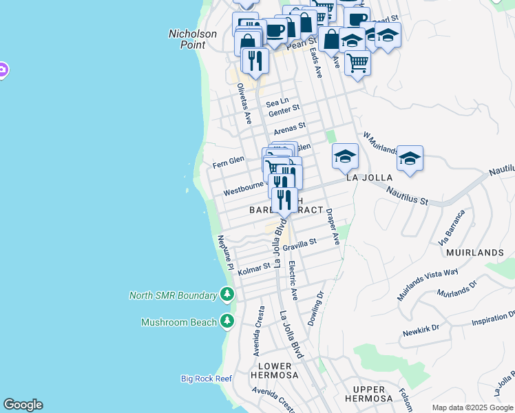 map of restaurants, bars, coffee shops, grocery stores, and more near 371 Nautilus Street in San Diego