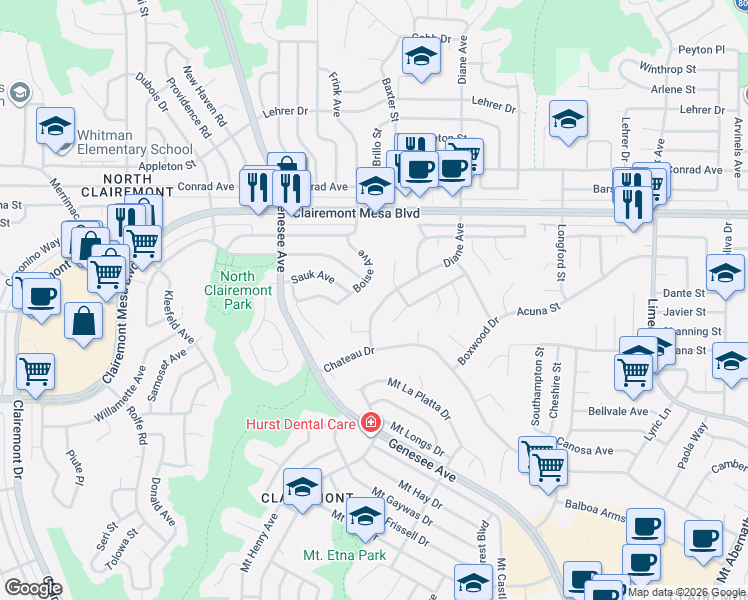 map of restaurants, bars, coffee shops, grocery stores, and more near 4801 Boise Avenue in San Diego