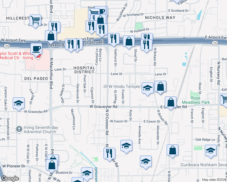 map of restaurants, bars, coffee shops, grocery stores, and more near 1628 North O'Connor Road in Irving