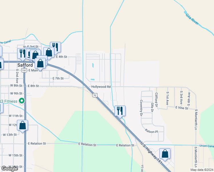 map of restaurants, bars, coffee shops, grocery stores, and more near 943 Hollywood Road in Safford