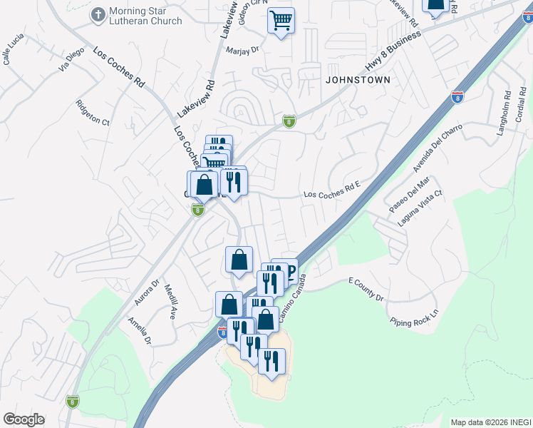 map of restaurants, bars, coffee shops, grocery stores, and more near 8541 Snow White Drive in El Cajon