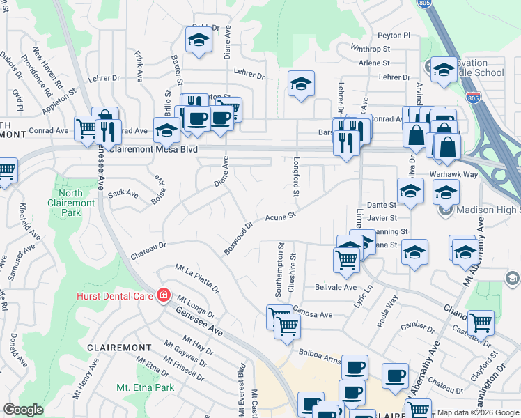 map of restaurants, bars, coffee shops, grocery stores, and more near 4765 Renex Place in San Diego