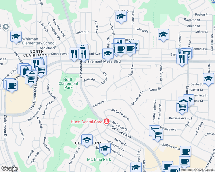 map of restaurants, bars, coffee shops, grocery stores, and more near 4801 Boise Avenue in San Diego