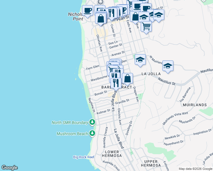map of restaurants, bars, coffee shops, grocery stores, and more near 470 Nautilus Street in San Diego