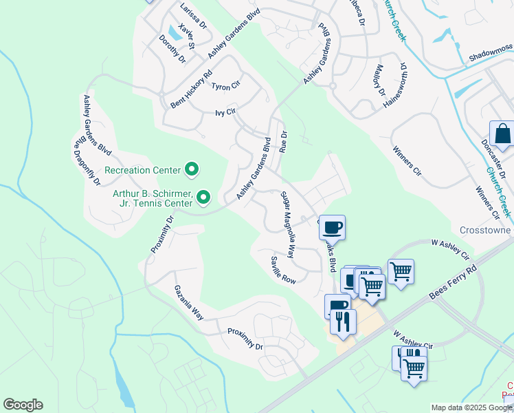 map of restaurants, bars, coffee shops, grocery stores, and more near 225 Hampton Bluff Drive in Charleston