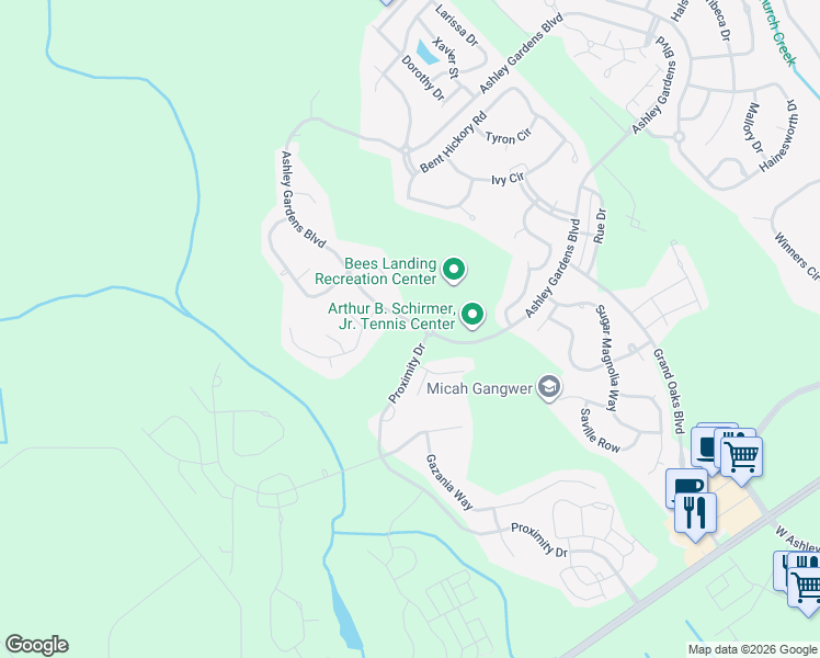 map of restaurants, bars, coffee shops, grocery stores, and more near 1556 Ashley Garden Boulevard in Charleston