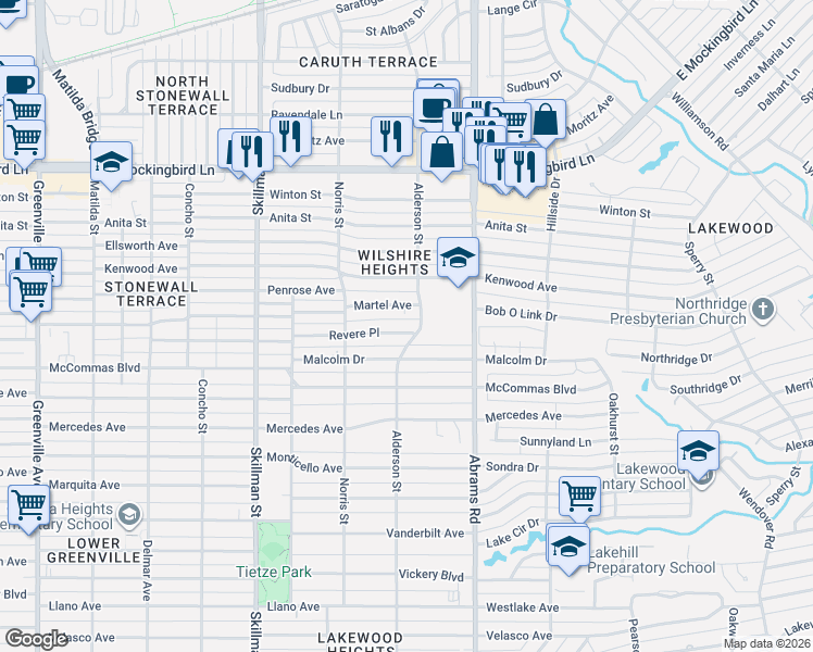 map of restaurants, bars, coffee shops, grocery stores, and more near 6298 Martel Avenue in Dallas