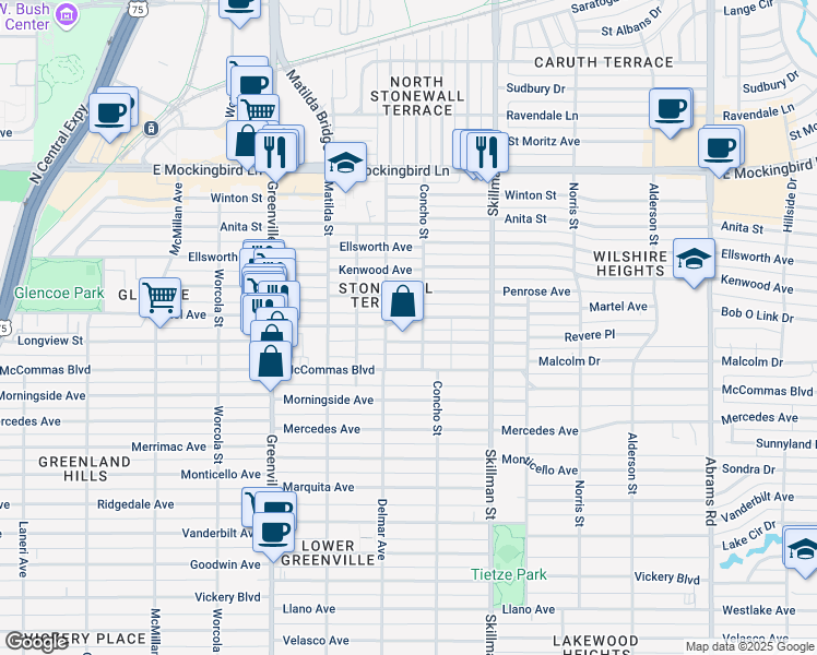 map of restaurants, bars, coffee shops, grocery stores, and more near in Dallas