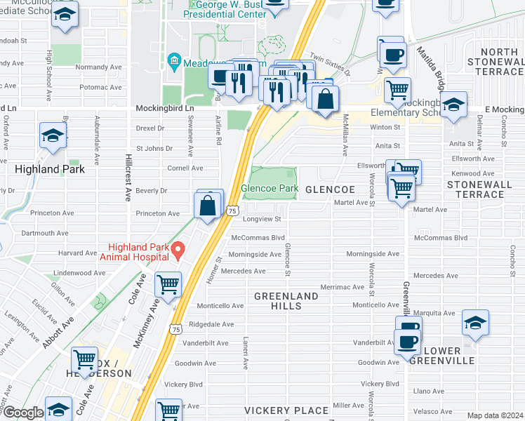 map of restaurants, bars, coffee shops, grocery stores, and more near 5290 Martel Avenue in Dallas