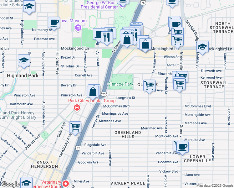 map of restaurants, bars, coffee shops, grocery stores, and more near 5290 Martel Avenue in Dallas
