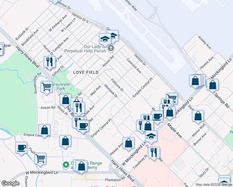 map of restaurants, bars, coffee shops, grocery stores, and more near 7302 Mohawk Drive in Dallas