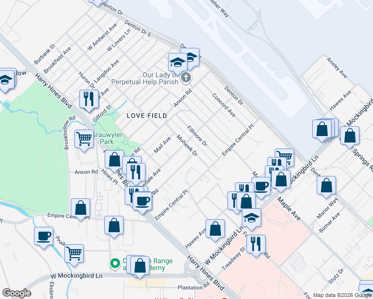map of restaurants, bars, coffee shops, grocery stores, and more near 7302 Mohawk Drive in Dallas