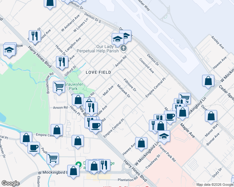 map of restaurants, bars, coffee shops, grocery stores, and more near 2252 Mail Avenue in Dallas