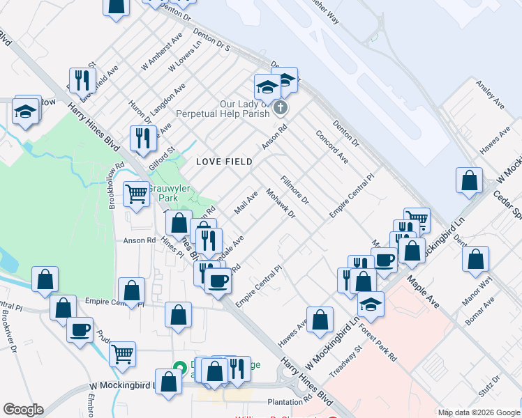 map of restaurants, bars, coffee shops, grocery stores, and more near 2252 Mail Avenue in Dallas