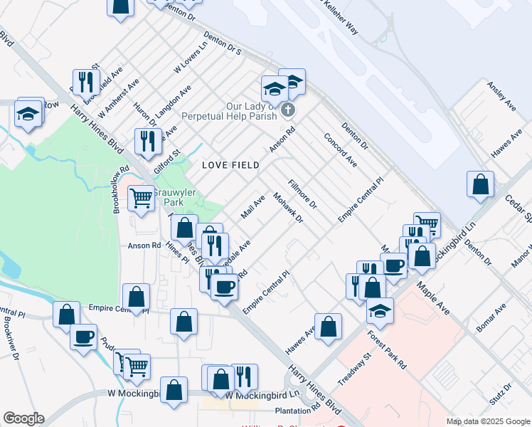 map of restaurants, bars, coffee shops, grocery stores, and more near 2252 Mail Avenue in Dallas