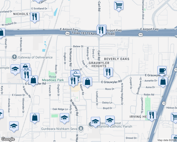 map of restaurants, bars, coffee shops, grocery stores, and more near 1719 Waldrop Street in Irving