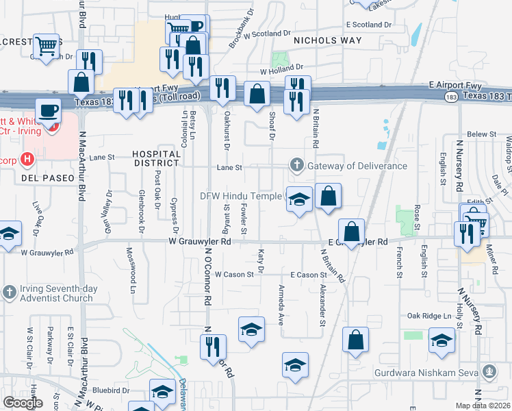 map of restaurants, bars, coffee shops, grocery stores, and more near 1670 Gilbreath Circle in Irving