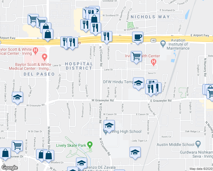 map of restaurants, bars, coffee shops, grocery stores, and more near 1628 North O'Connor Road in Irving