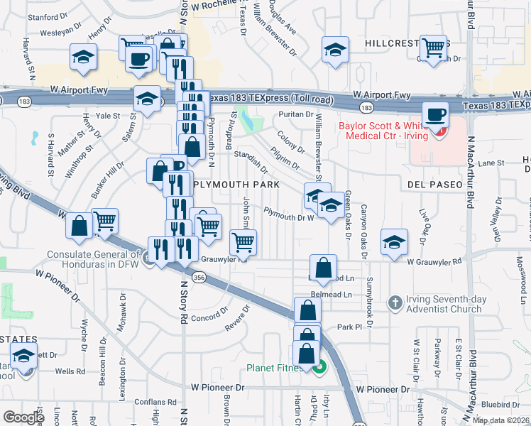 map of restaurants, bars, coffee shops, grocery stores, and more near 1609 Mayflower Drive in Irving