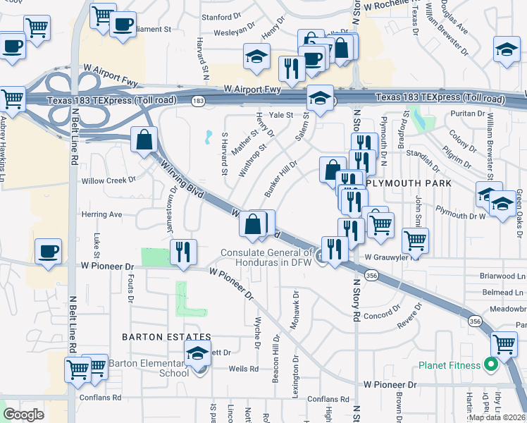 map of restaurants, bars, coffee shops, grocery stores, and more near 1721 Bunker Hill Drive in Irving