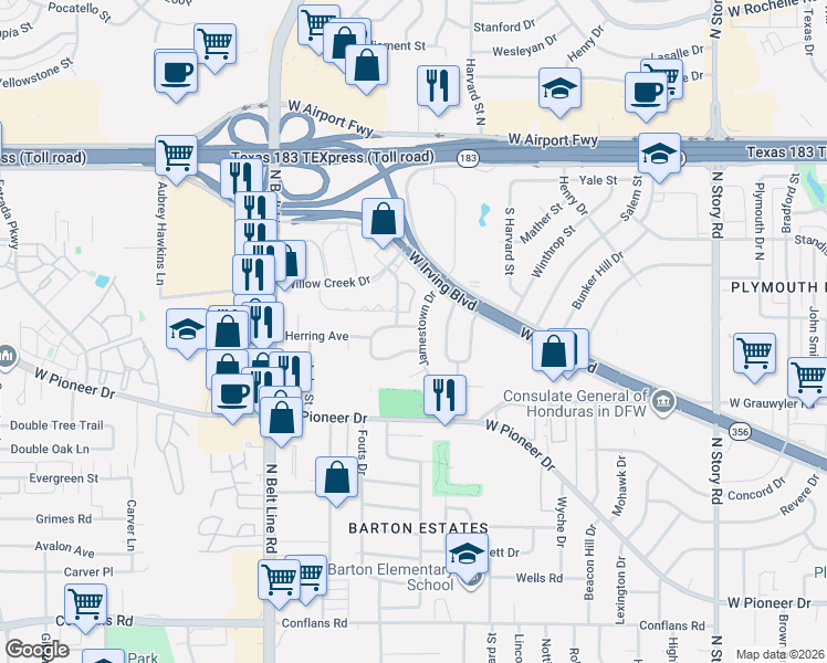 map of restaurants, bars, coffee shops, grocery stores, and more near 1900 Cloverleaf Lane in Irving