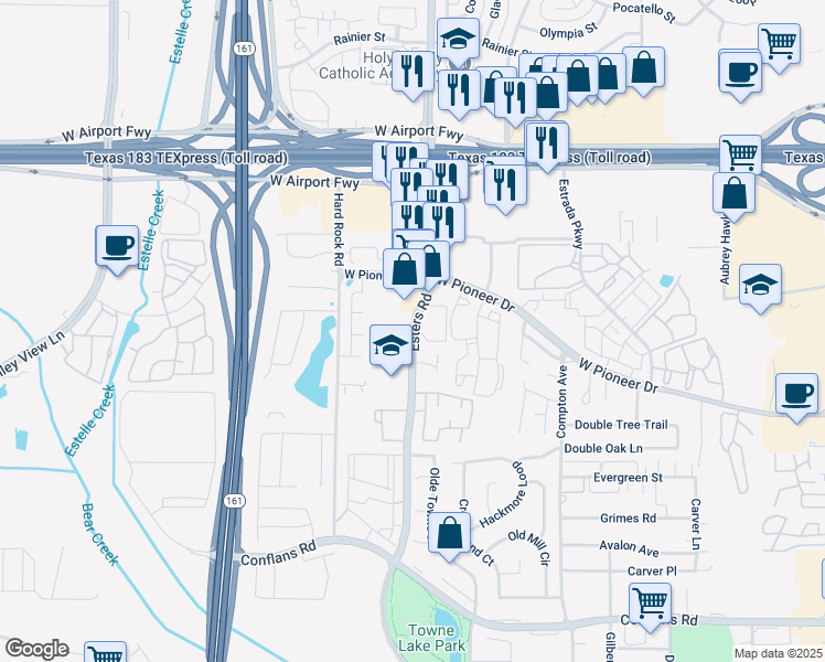 map of restaurants, bars, coffee shops, grocery stores, and more near 1824 Esters Road in Irving