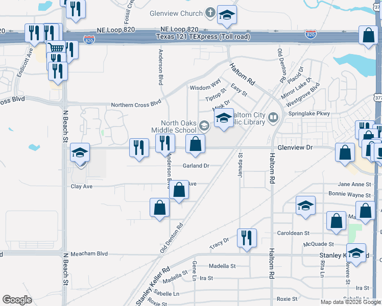 map of restaurants, bars, coffee shops, grocery stores, and more near 4805 Jordan Park Drive in Haltom City