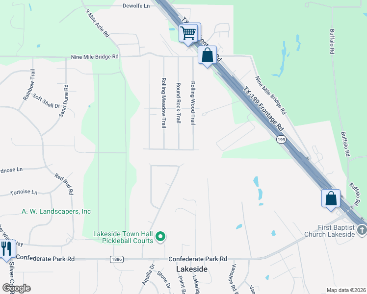 map of restaurants, bars, coffee shops, grocery stores, and more near 6110 Round Rock Trail in Fort Worth