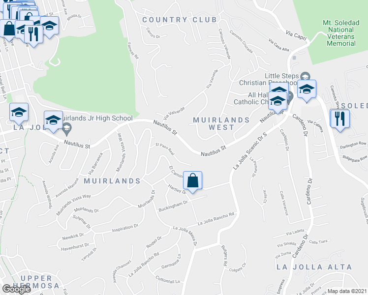 map of restaurants, bars, coffee shops, grocery stores, and more near 1733 Nautilus Street in San Diego