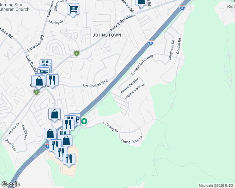 map of restaurants, bars, coffee shops, grocery stores, and more near 8554 Rancho Canada Road in El Cajon