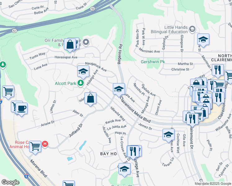 map of restaurants, bars, coffee shops, grocery stores, and more near Jutland Dr & Luna Ave in San Diego