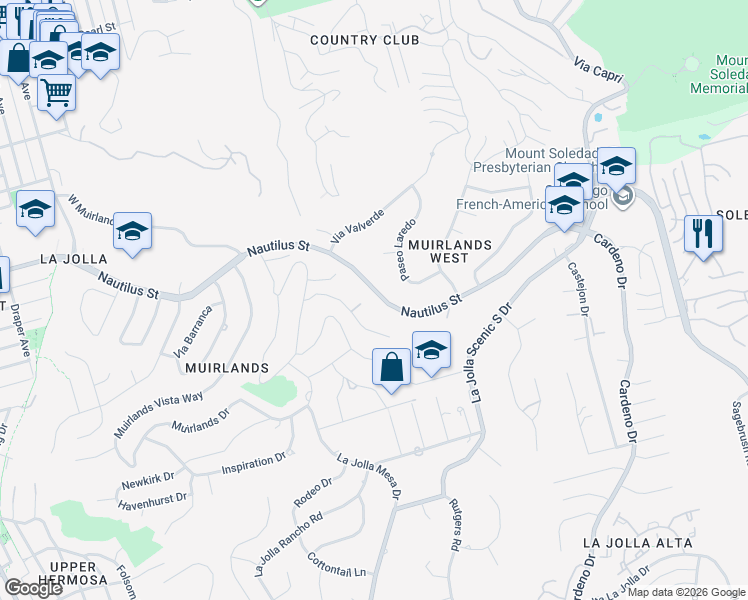 map of restaurants, bars, coffee shops, grocery stores, and more near 1733 Nautilus Street in San Diego