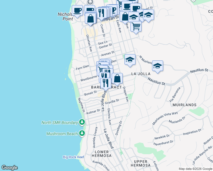 map of restaurants, bars, coffee shops, grocery stores, and more near in San Diego