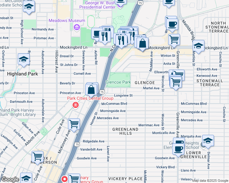 map of restaurants, bars, coffee shops, grocery stores, and more near 5200 Martel Avenue in Dallas