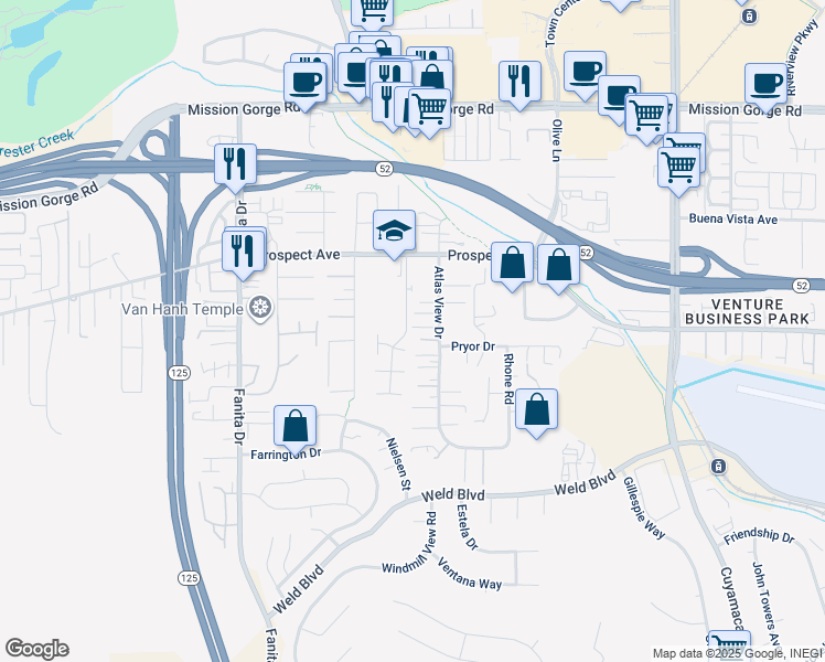 map of restaurants, bars, coffee shops, grocery stores, and more near 8620 Atlas View Drive in Santee
