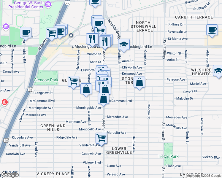 map of restaurants, bars, coffee shops, grocery stores, and more near 5716 Penrose Avenue in Dallas