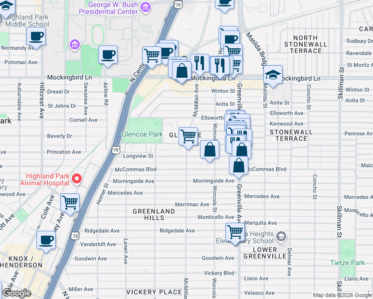 map of restaurants, bars, coffee shops, grocery stores, and more near 5515 Martel Avenue in Dallas