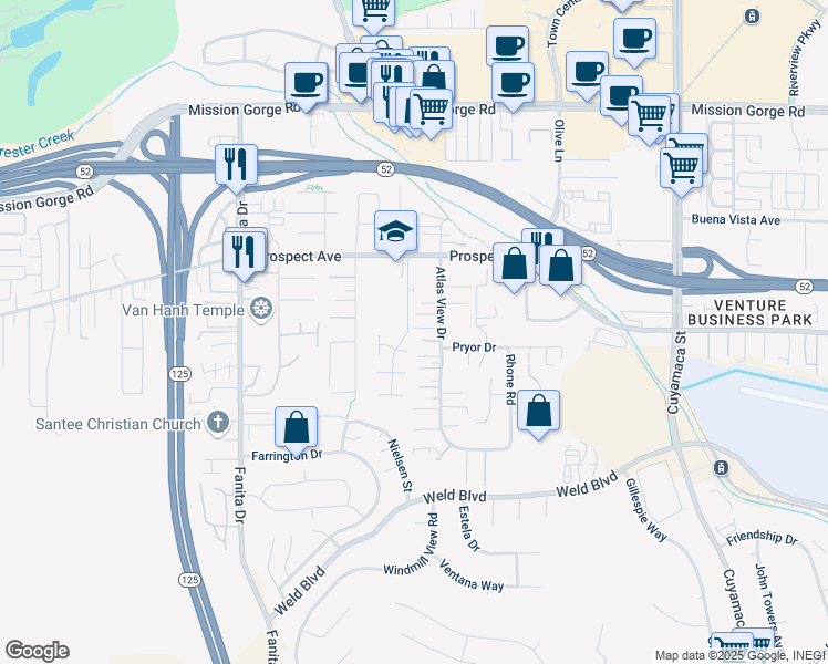 map of restaurants, bars, coffee shops, grocery stores, and more near 8620 Atlas View Drive in Santee