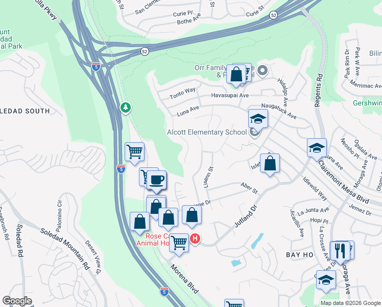 map of restaurants, bars, coffee shops, grocery stores, and more near 4617 Monongahela Street in San Diego