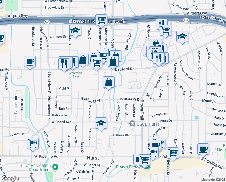 map of restaurants, bars, coffee shops, grocery stores, and more near 1165 Valley View Drive in Hurst