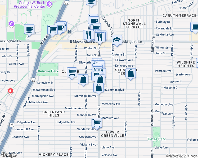 map of restaurants, bars, coffee shops, grocery stores, and more near Greenville Avenue & Martel Avenue in Dallas