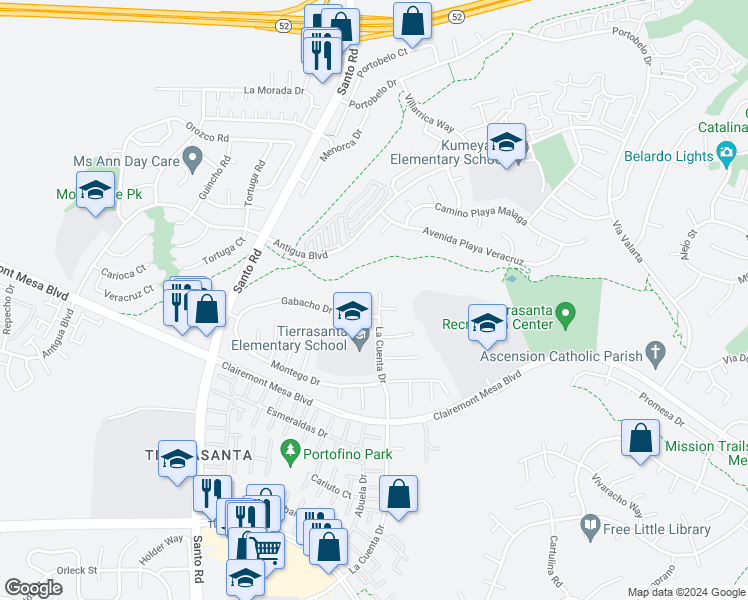 map of restaurants, bars, coffee shops, grocery stores, and more near 5550 La Cuenta Drive in San Diego